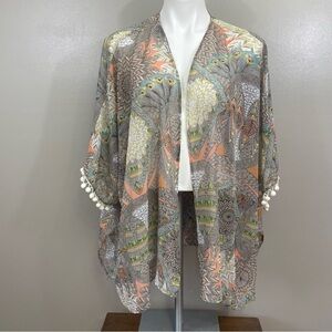 Umgee Boho Open Front Floral Pom Pom Kimono Cardigan size small/Medium